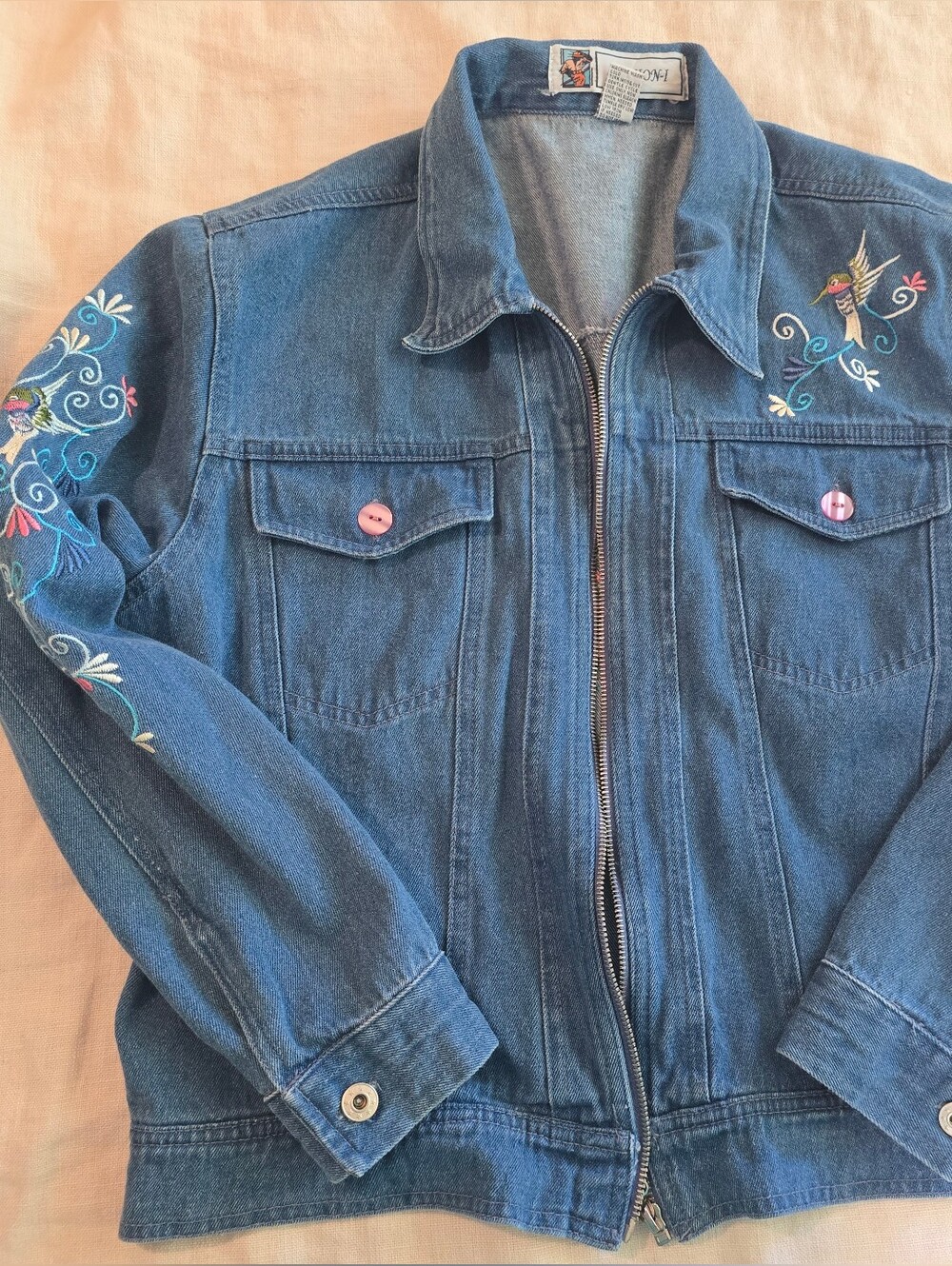 Vintage Embroidered Hummingbird Denim Jacket - Blue